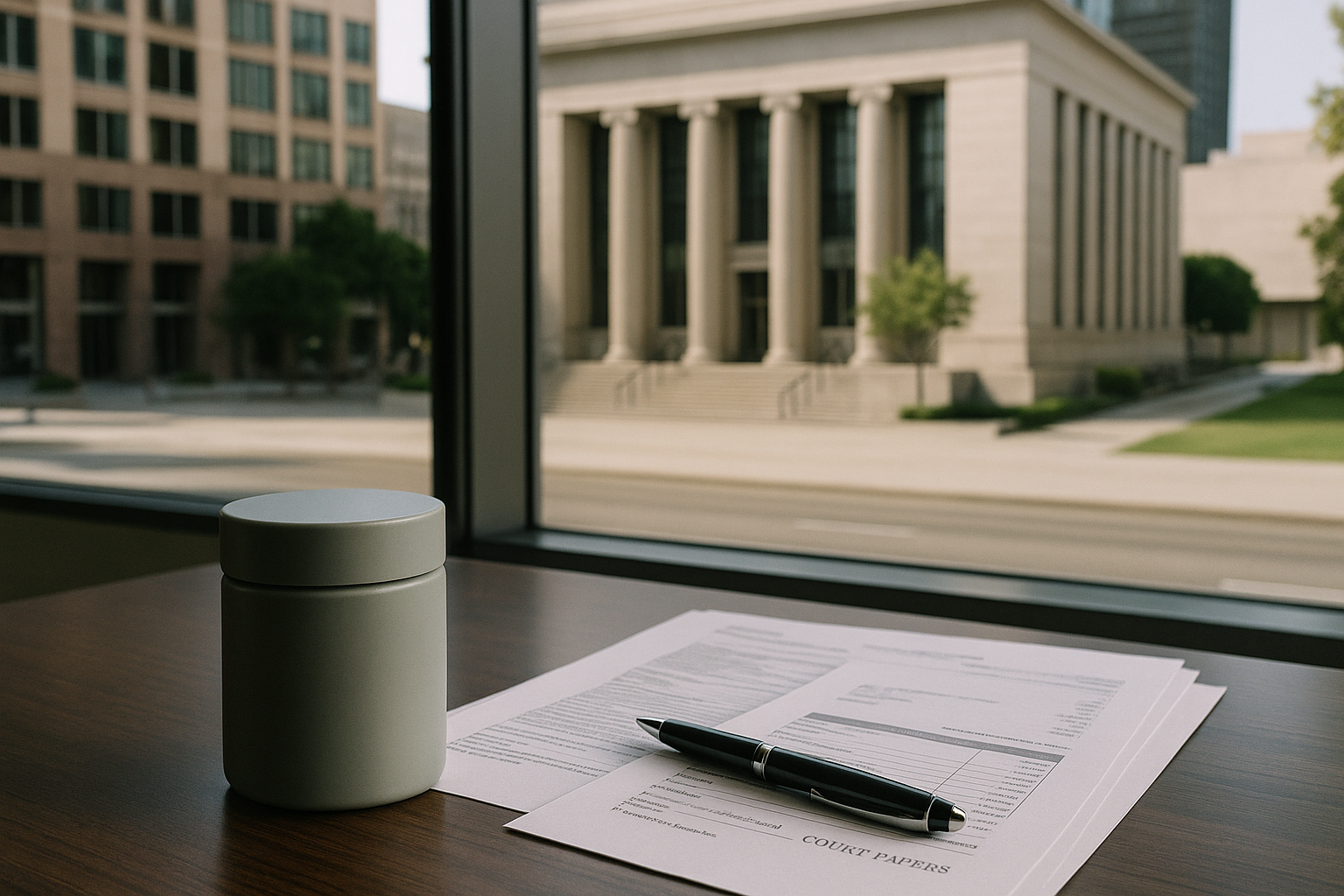 Cannabis business documents with courthouse and museum architecture in Los Angeles