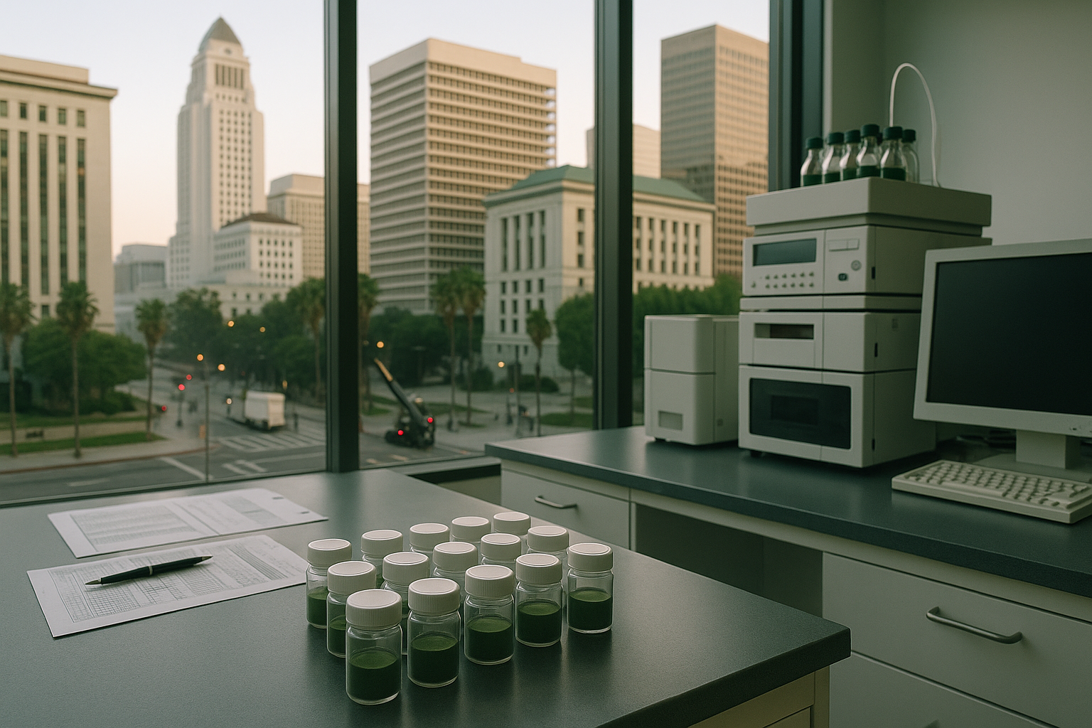 Cannabis testing equipment and financial documents overlooking downtown Los Angeles.