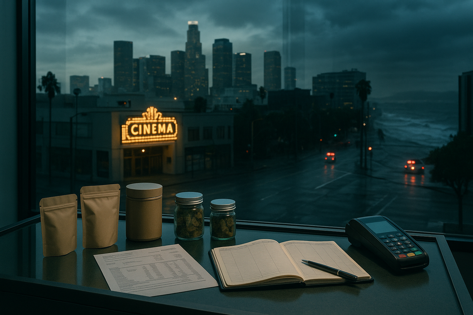Cannabis business counter with Los Angeles, a cinema and the stormy California coast reflected in glass.