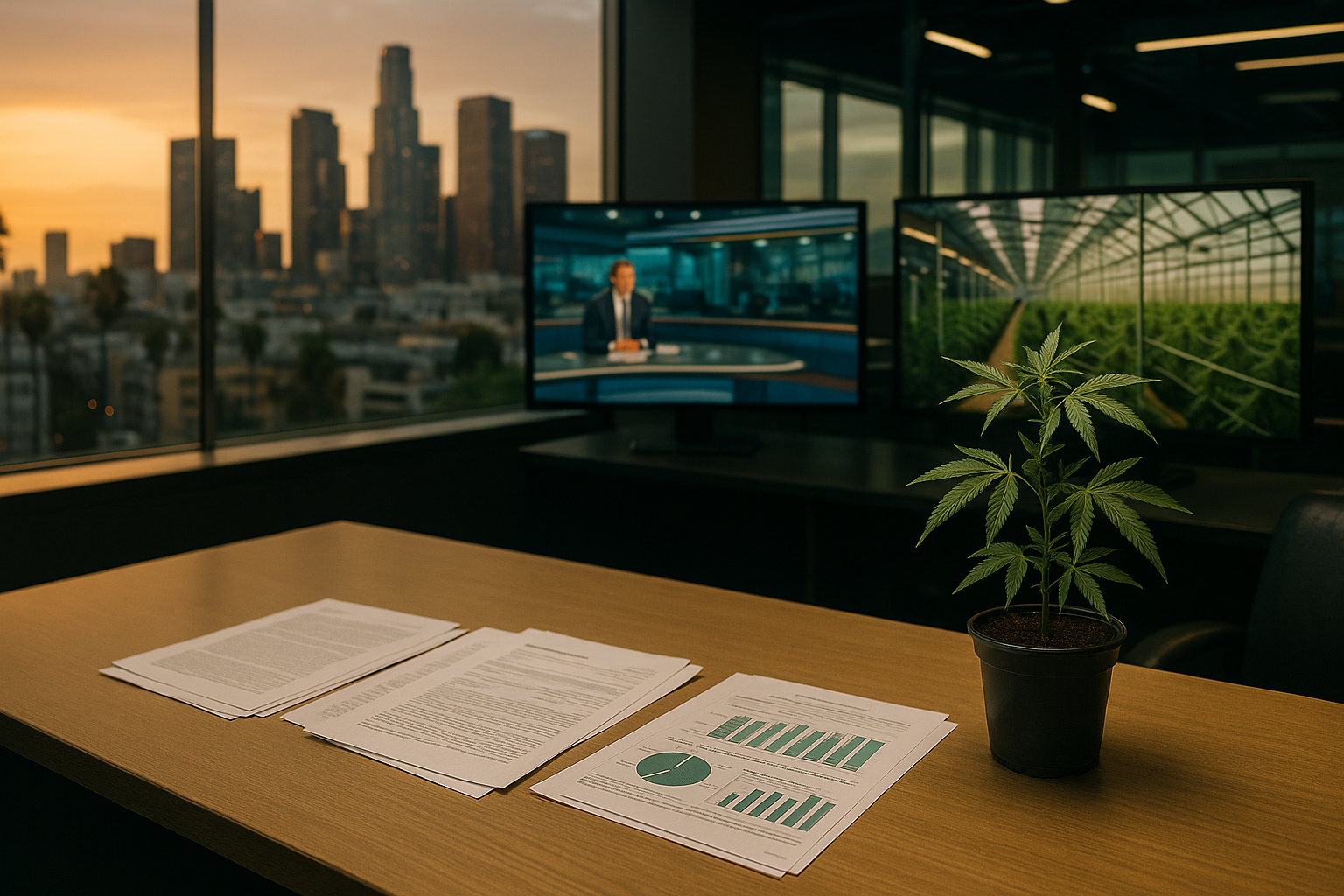 Cannabis plant and business documents in a modern Los Angeles newsroom