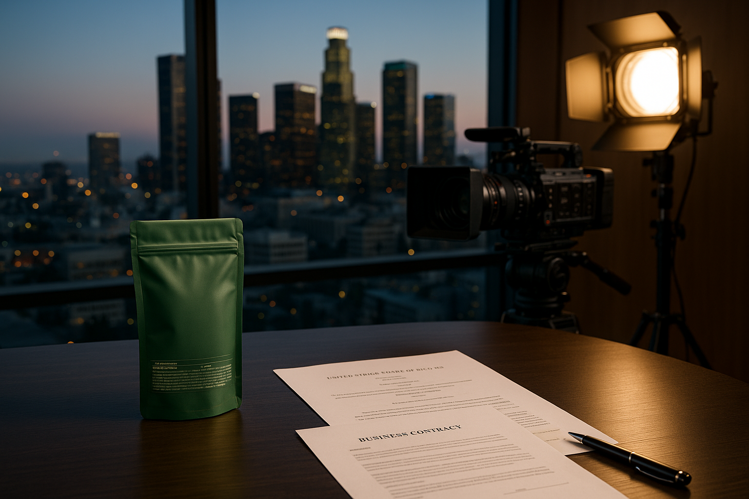 Cannabis compliance materials and film production equipment overlooking Los Angeles.