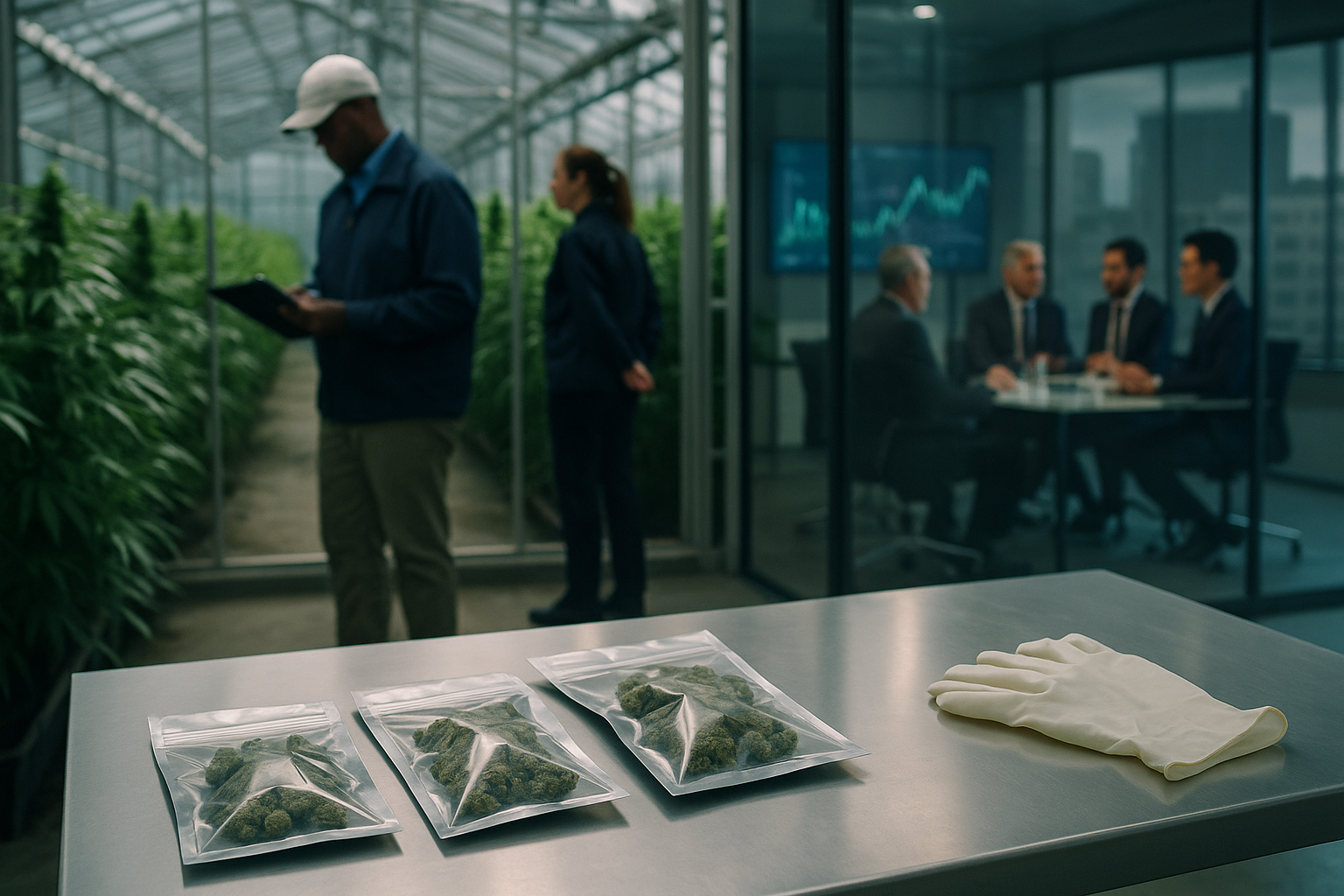 Cannabis samples, regulatory inspectors and business executives representing industry safety and finance news.