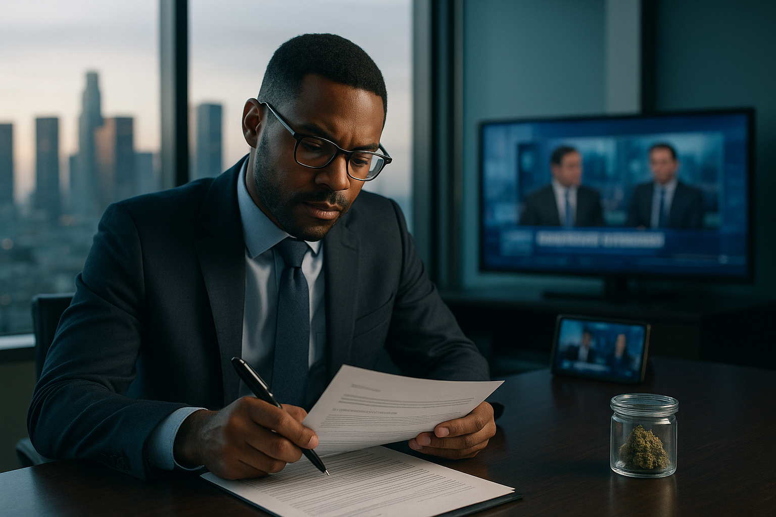 Business desk representing cannabis regulation, corporate finance and streaming media news