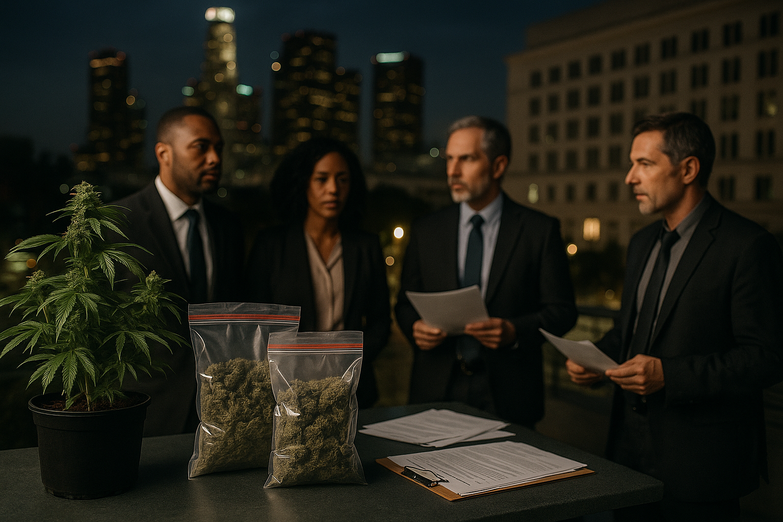 Cannabis plants and regulatory evidence against an urban courthouse backdrop.