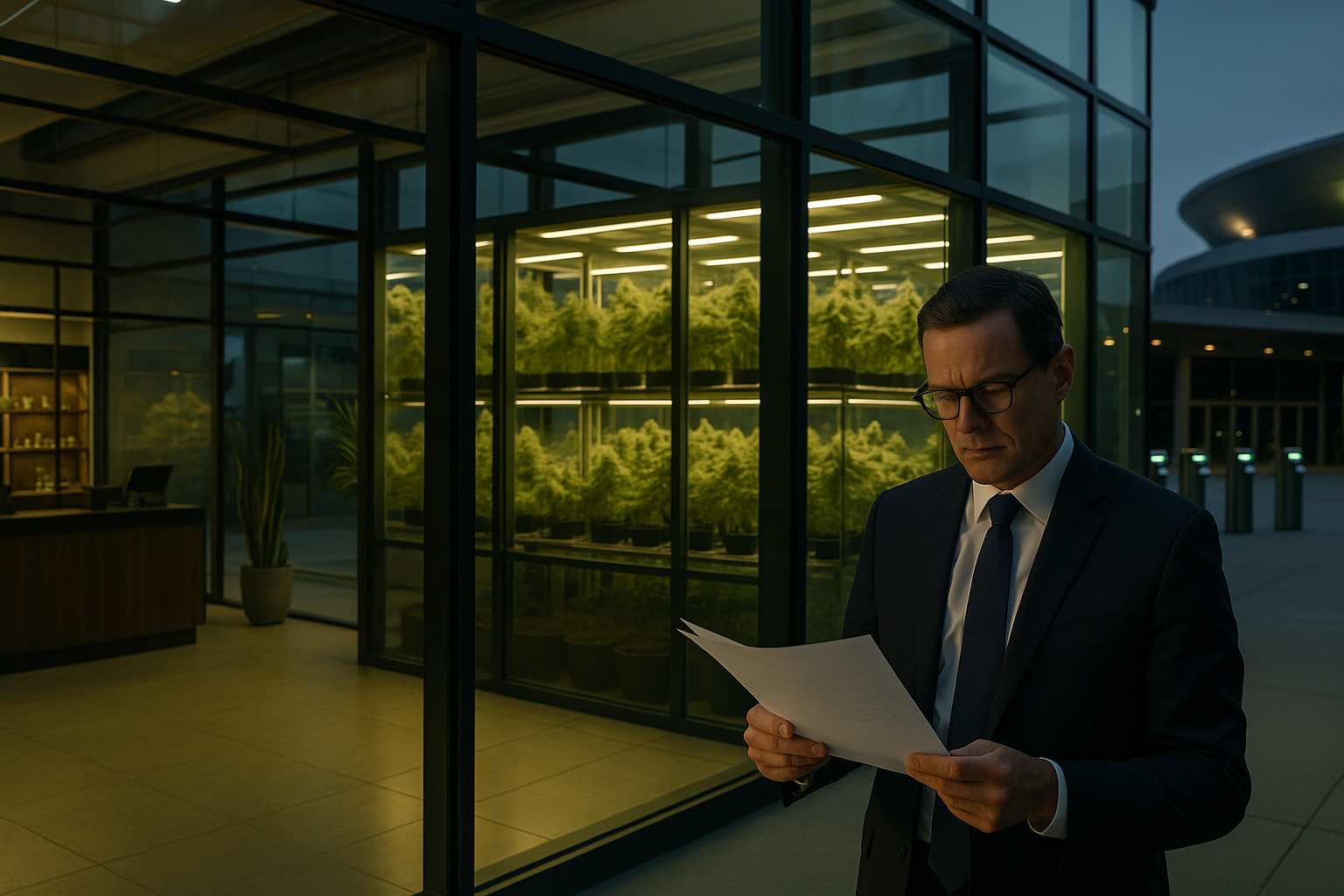 Cannabis business documents with a dispensary and concert venue in the background