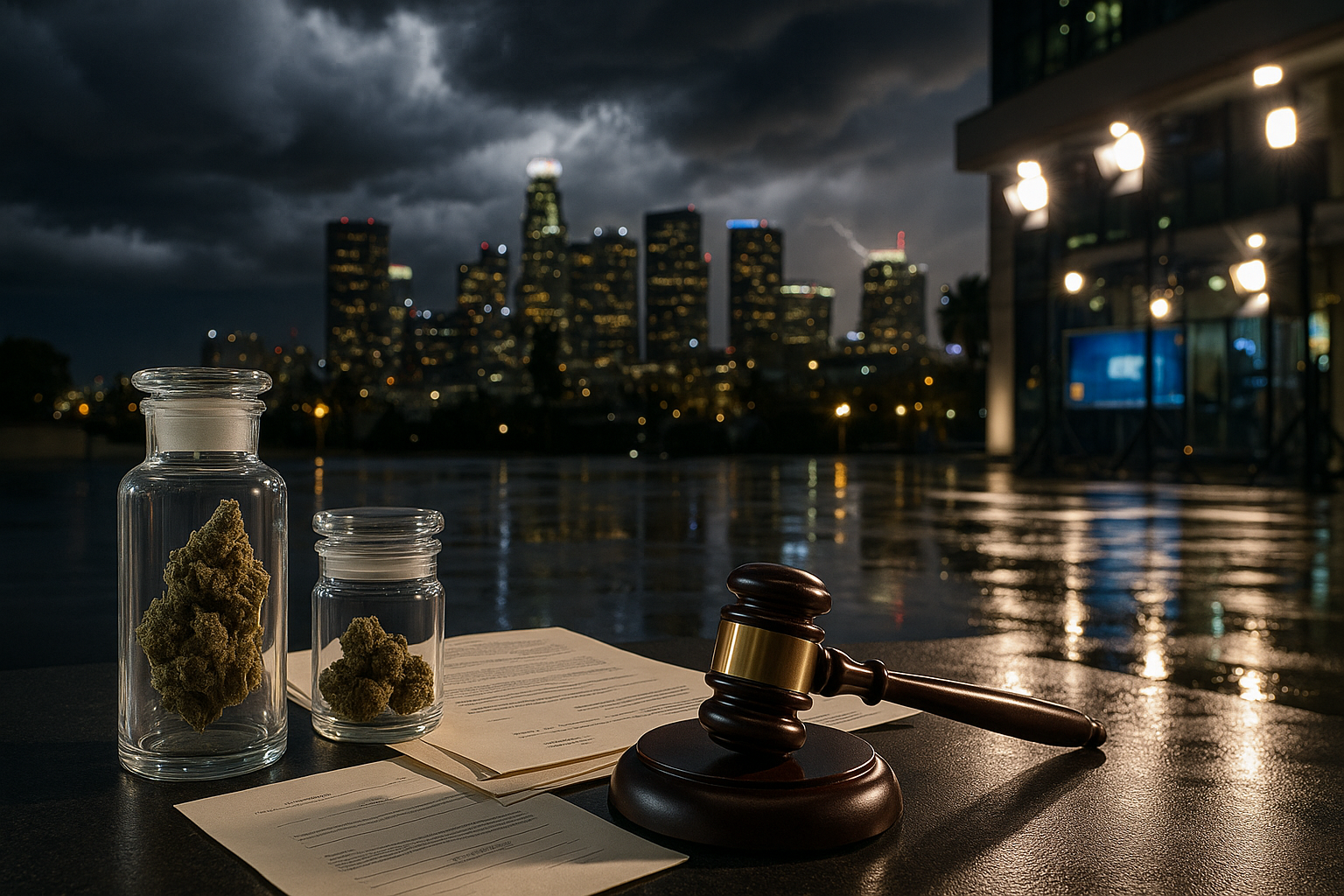 Cannabis business materials and legal documents against a stormy Los Angeles skyline.