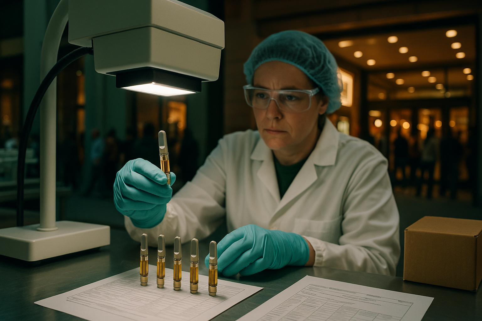 Laboratory inspection of cannabis vape cartridges with a cinema entrance in the background.