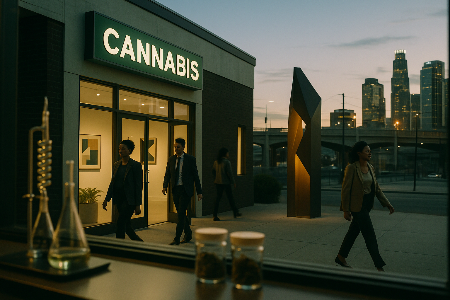 Cannabis testing materials overlooking a modern dispensary and urban skyline.