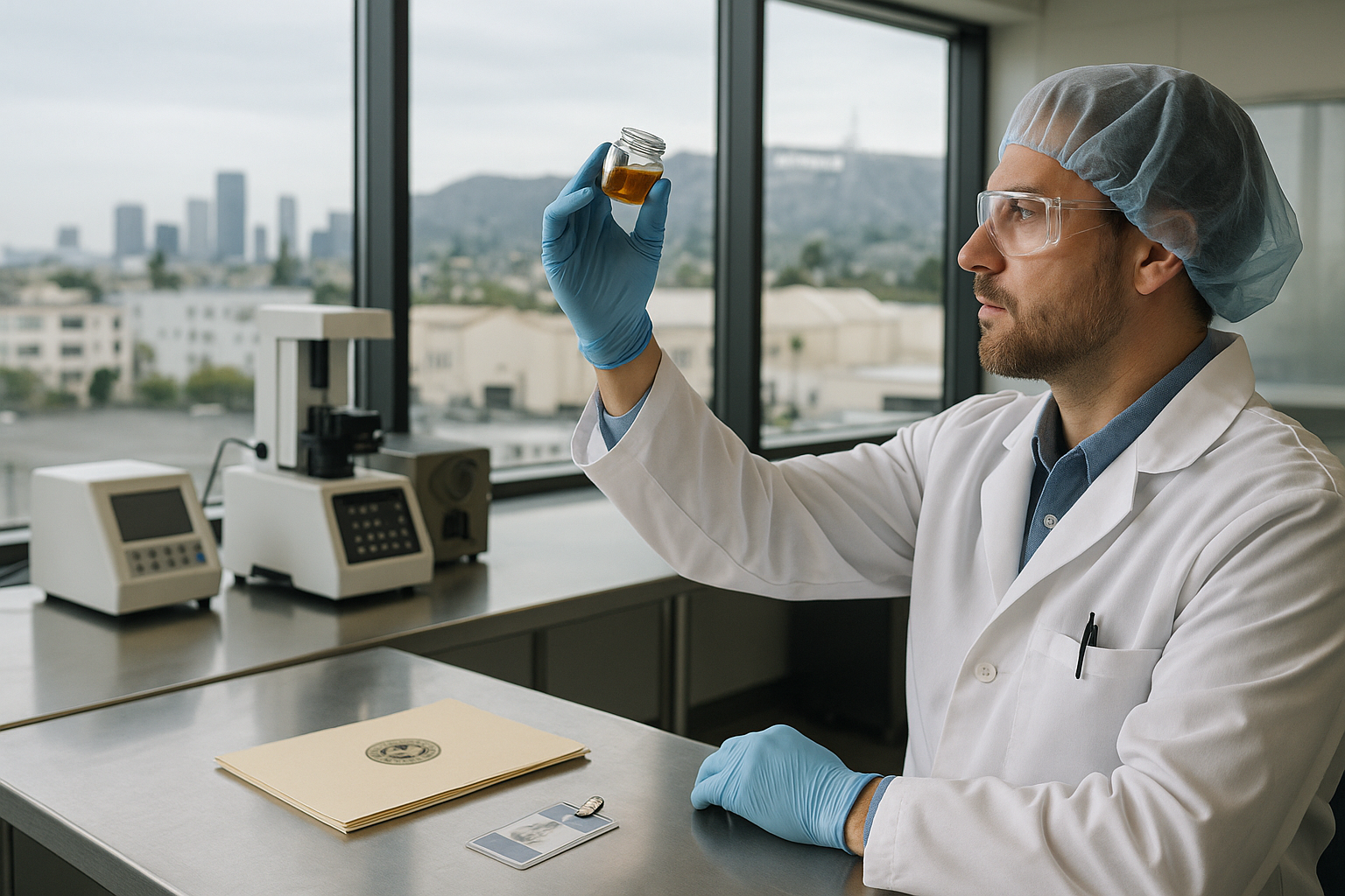 Technician examining cannabis concentrate in a laboratory overlooking Los Angeles.