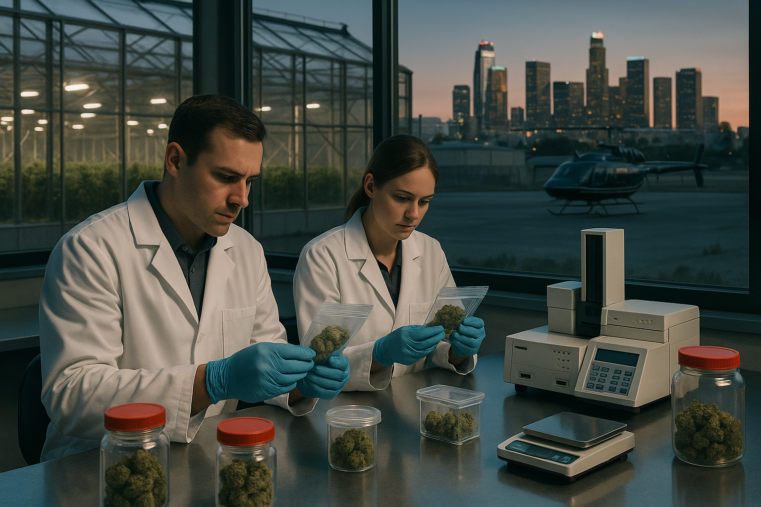 Cannabis samples undergoing compliance inspection with Los Angeles in the background.