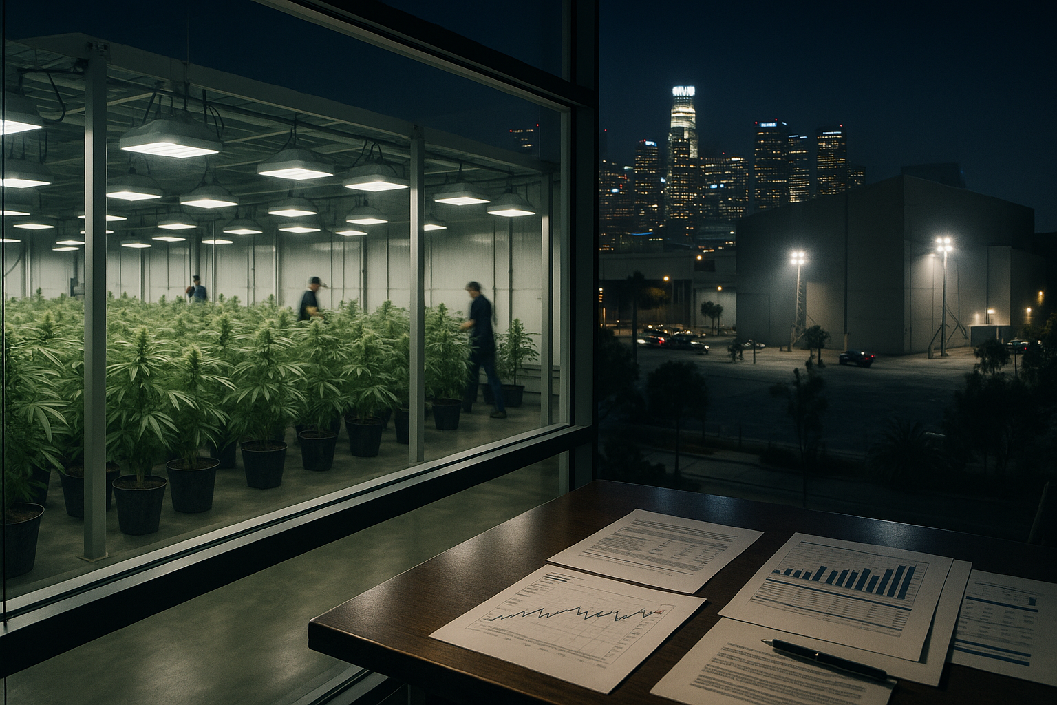 Los Angeles film studios and a licensed cannabis facility representing regulation, finance and media consolidation.