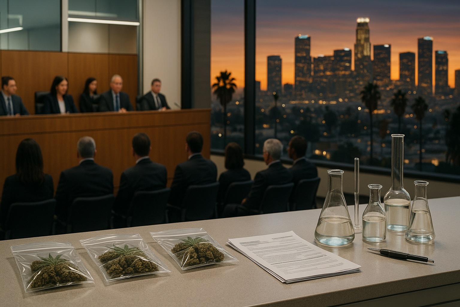 Cannabis laboratory and regulatory documents overlooking the Los Angeles studio skyline.