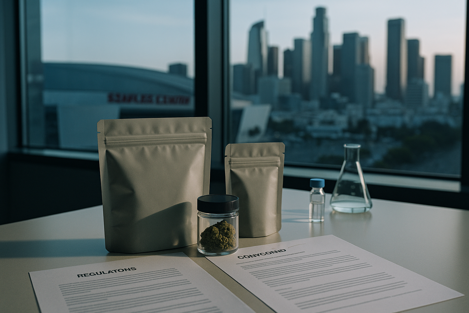 Cannabis regulations and pharmaceutical materials overlooking a Los Angeles arena.