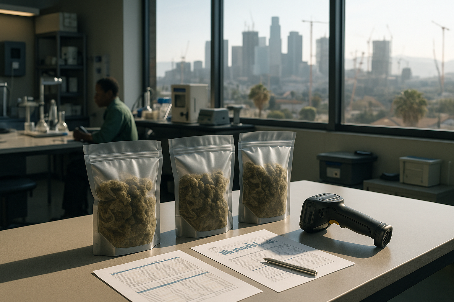 Cannabis compliance equipment and financial documents overlooking Los Angeles.
