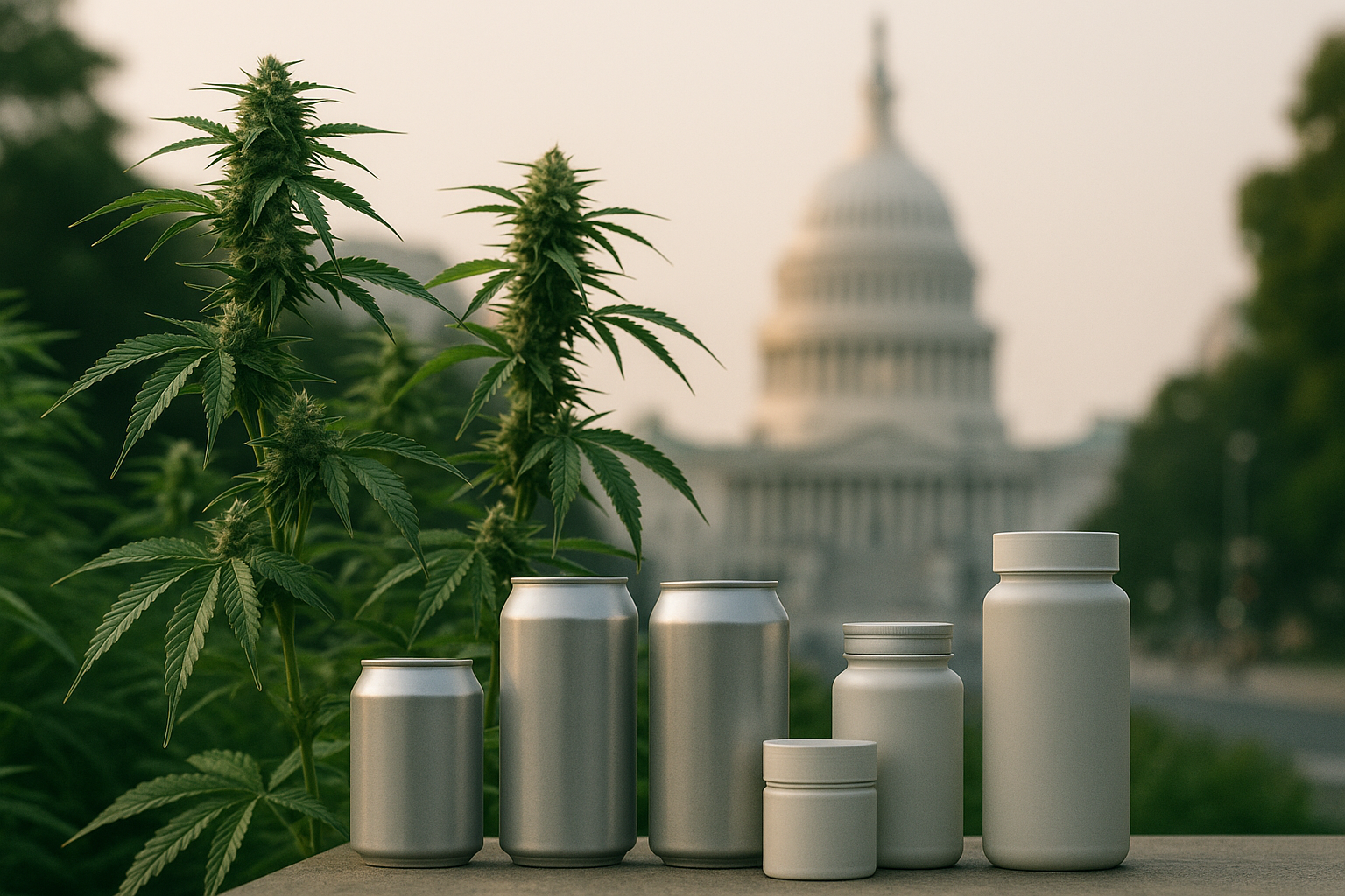 Hemp plants and unbranded cannabinoid products with the U.S. Capitol in the background.