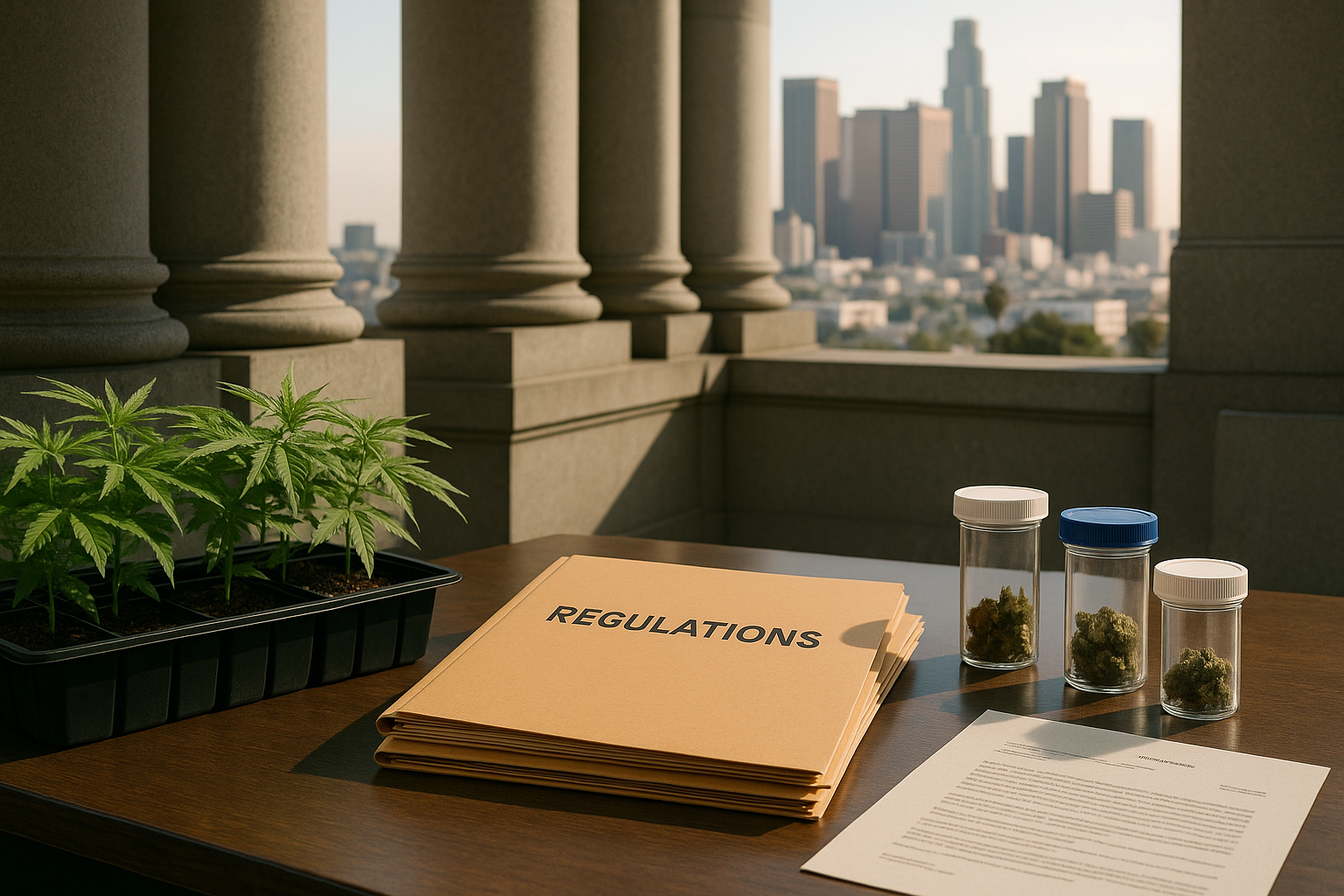Cannabis compliance materials before a courthouse and the Los Angeles skyline.