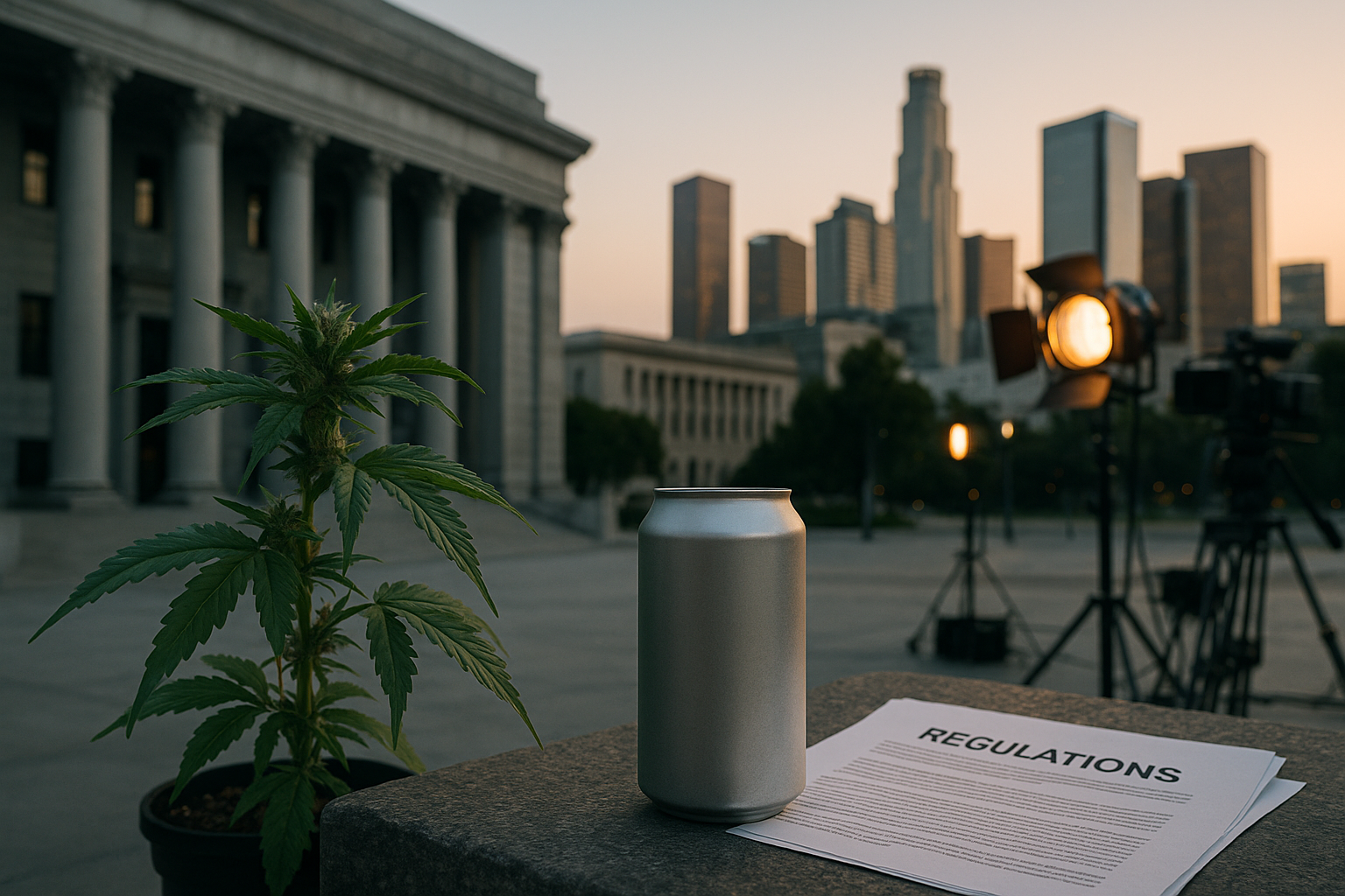 Cannabis products, courthouse architecture and a Los Angeles film set representing regulation and entertainment business news.