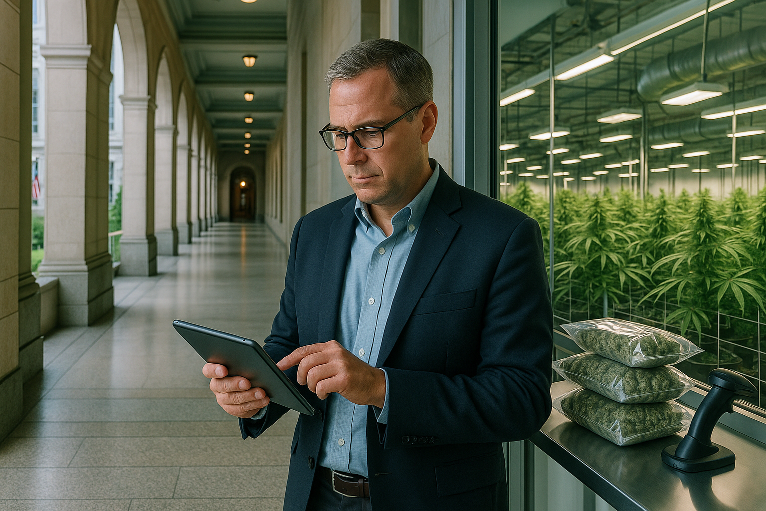 Cannabis compliance professional reviewing regulated inventory near a state government building