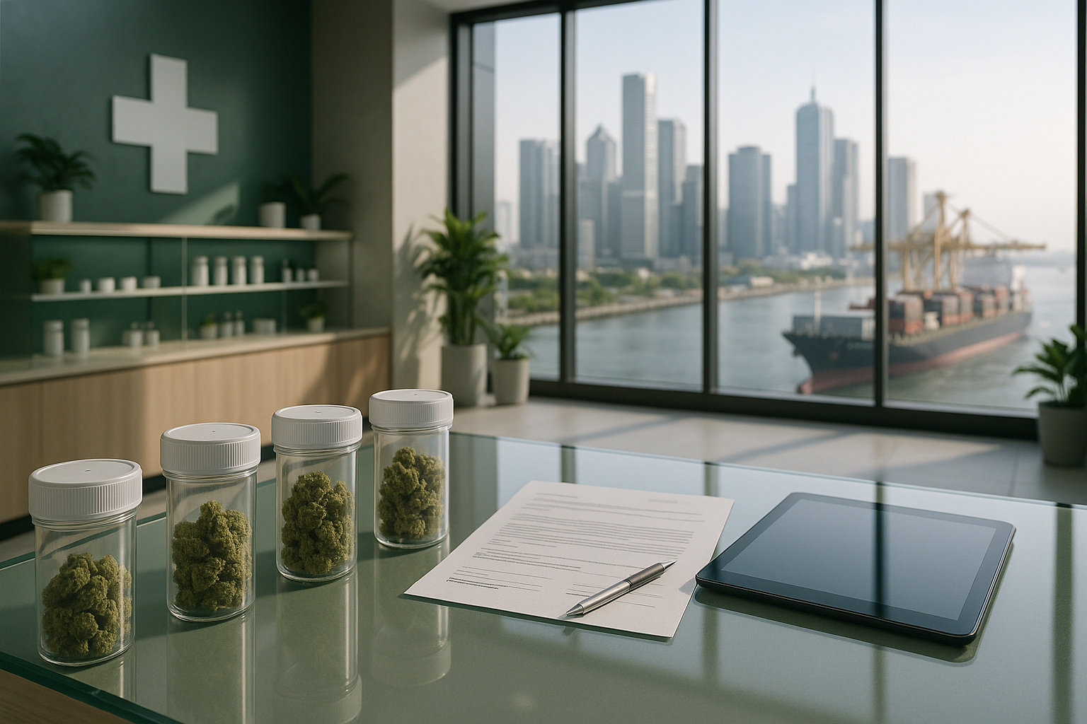 Medical cannabis products and regulatory documents in a modern urban dispensary.