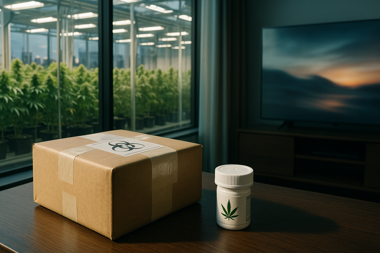 Secure medical cannabis delivery package with a cultivation facility and streaming screen in the background.