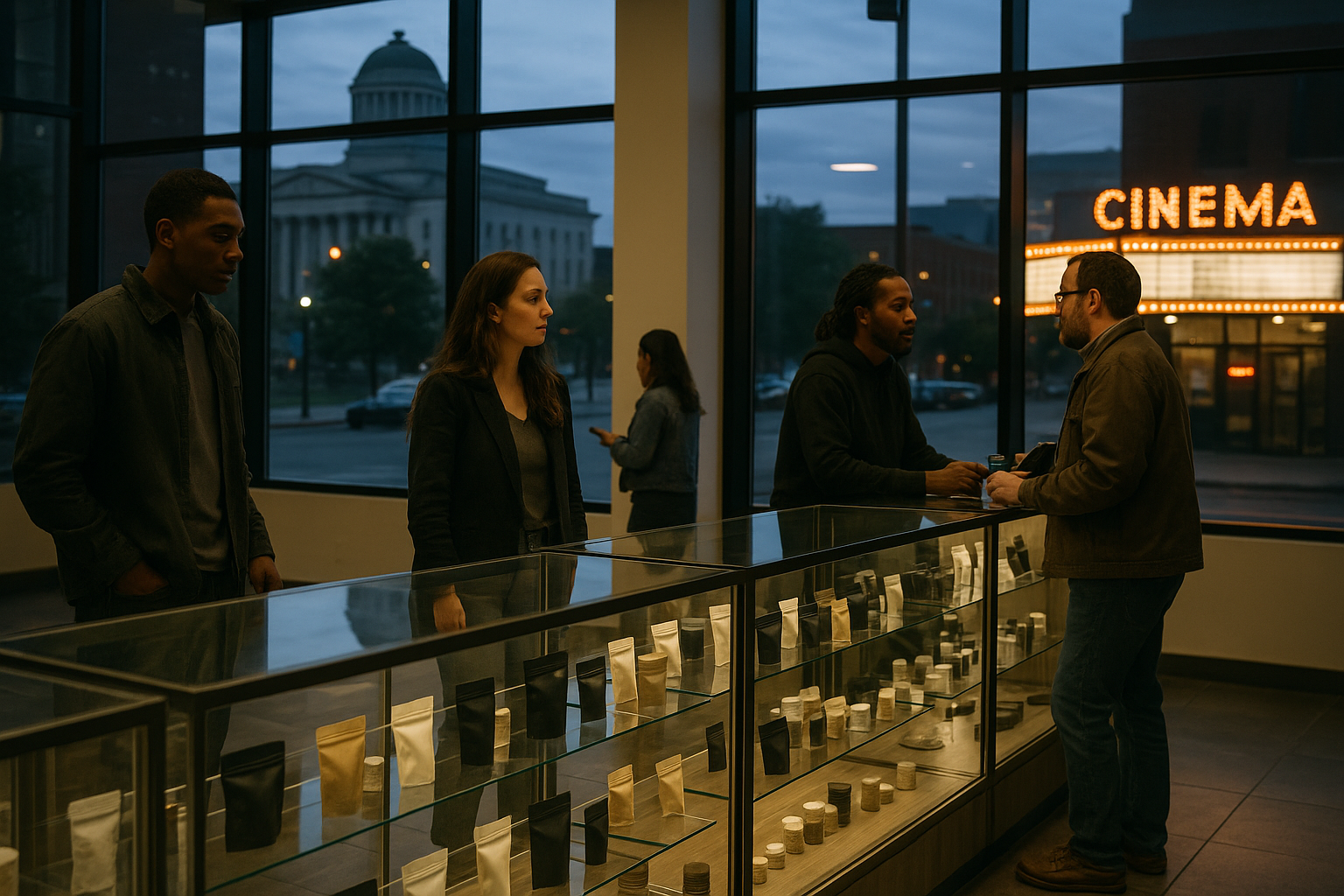 A modern cannabis dispensary near government buildings and an urban cinema at dusk.