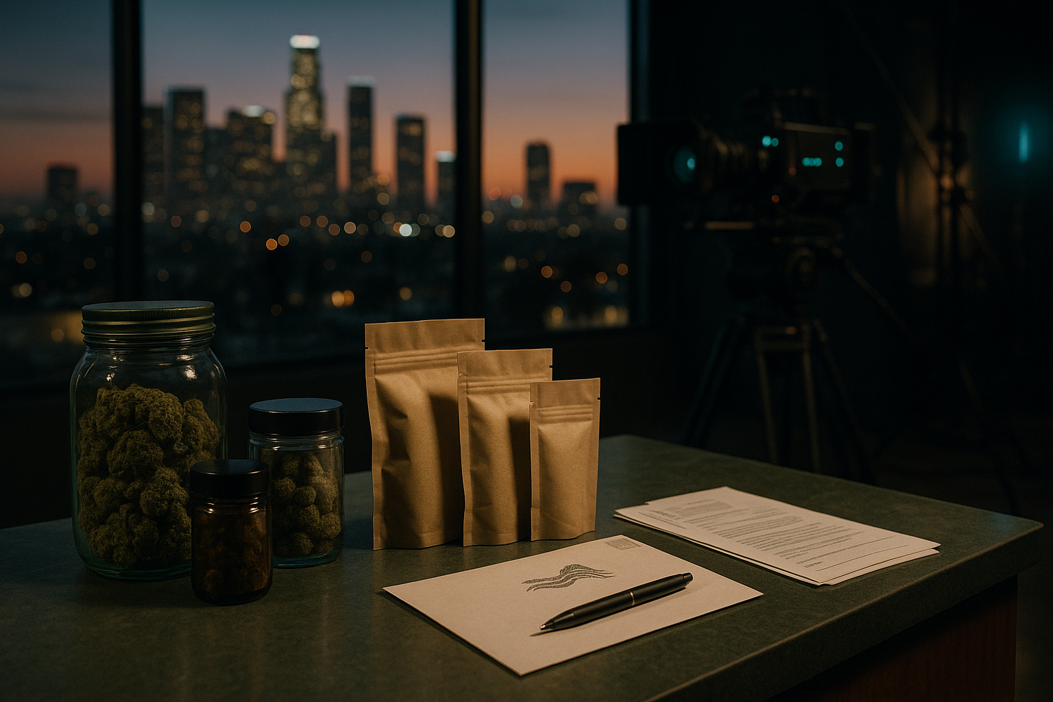 Cannabis retail counter, election ballot and Hollywood camera representing regulation, business and AI.