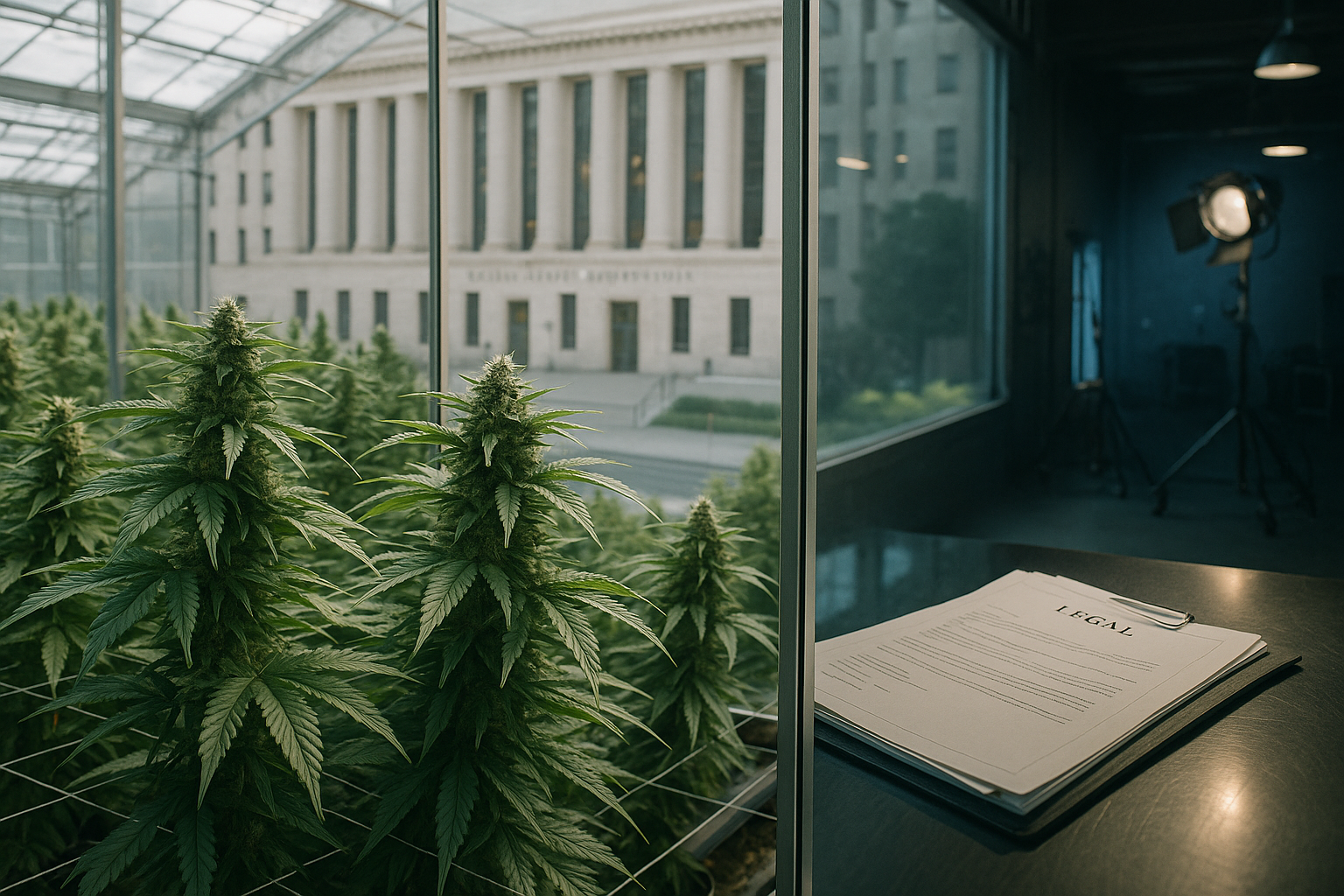 Medical cannabis greenhouse with a courthouse and Los Angeles production studio in the background.