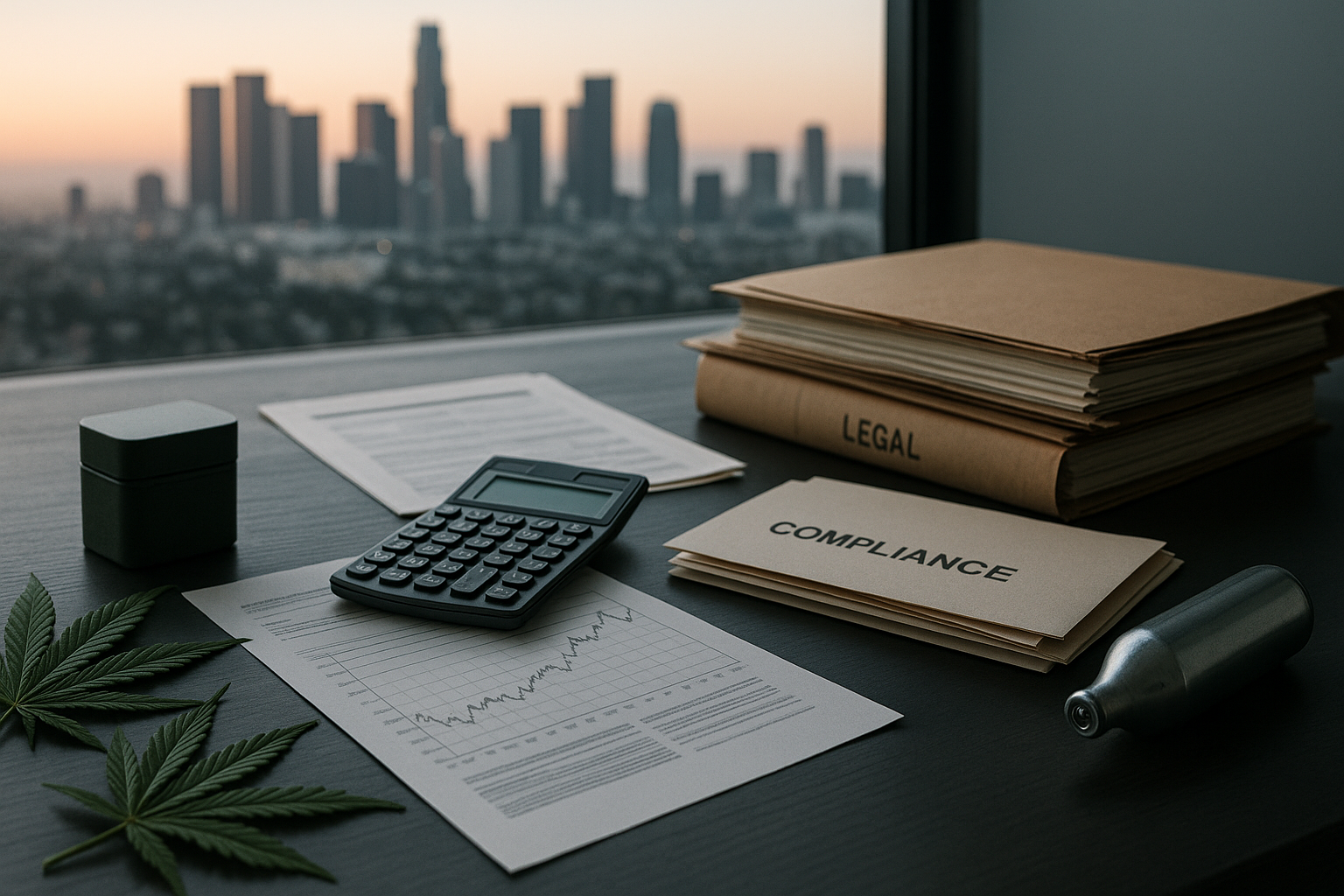 Cannabis business documents and compliance materials overlooking the Los Angeles skyline.