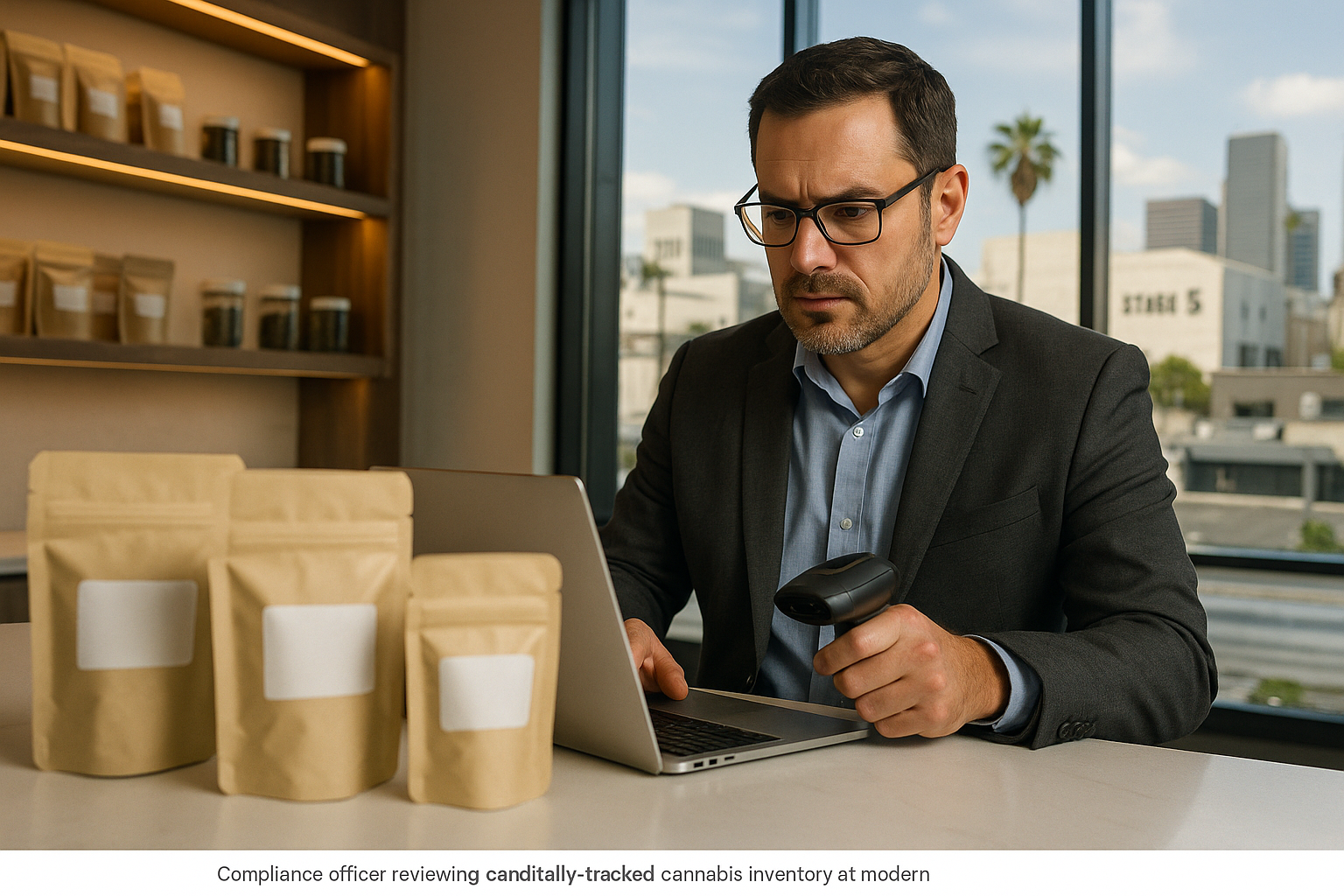 Cannabis compliance review with an urban entertainment district in the background