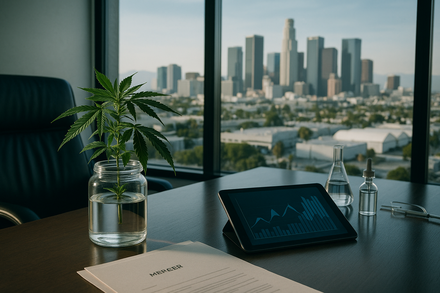 Cannabis, financial documents and laboratory equipment in a Los Angeles media-business setting.