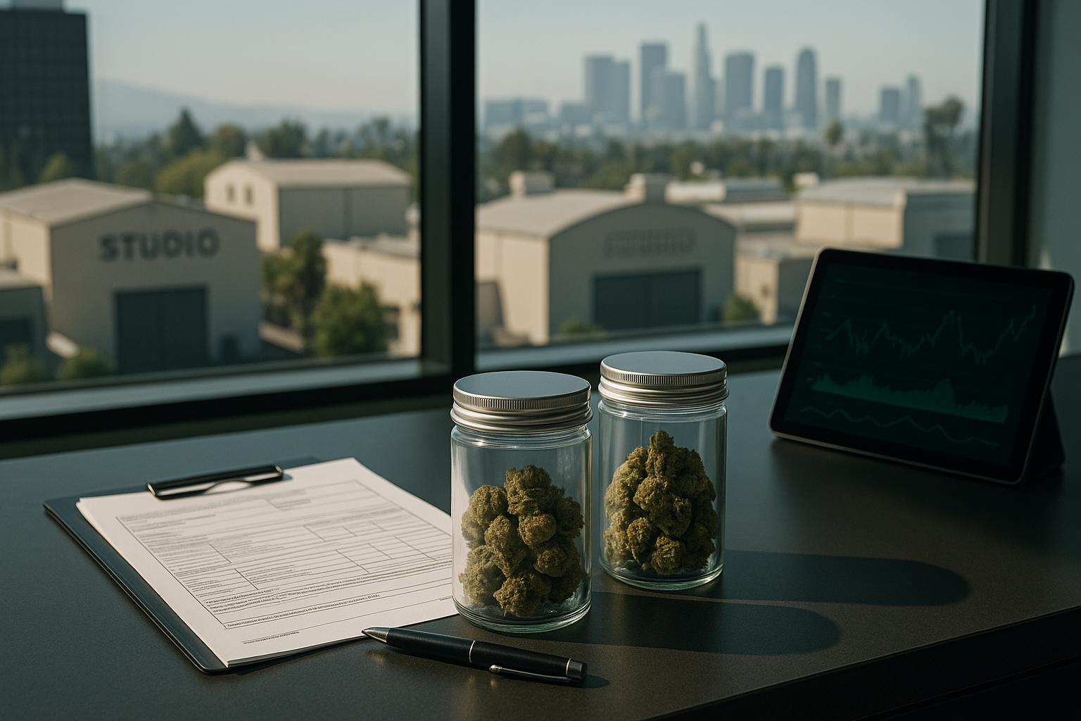 Cannabis compliance materials and financial charts overlooking the Los Angeles skyline.