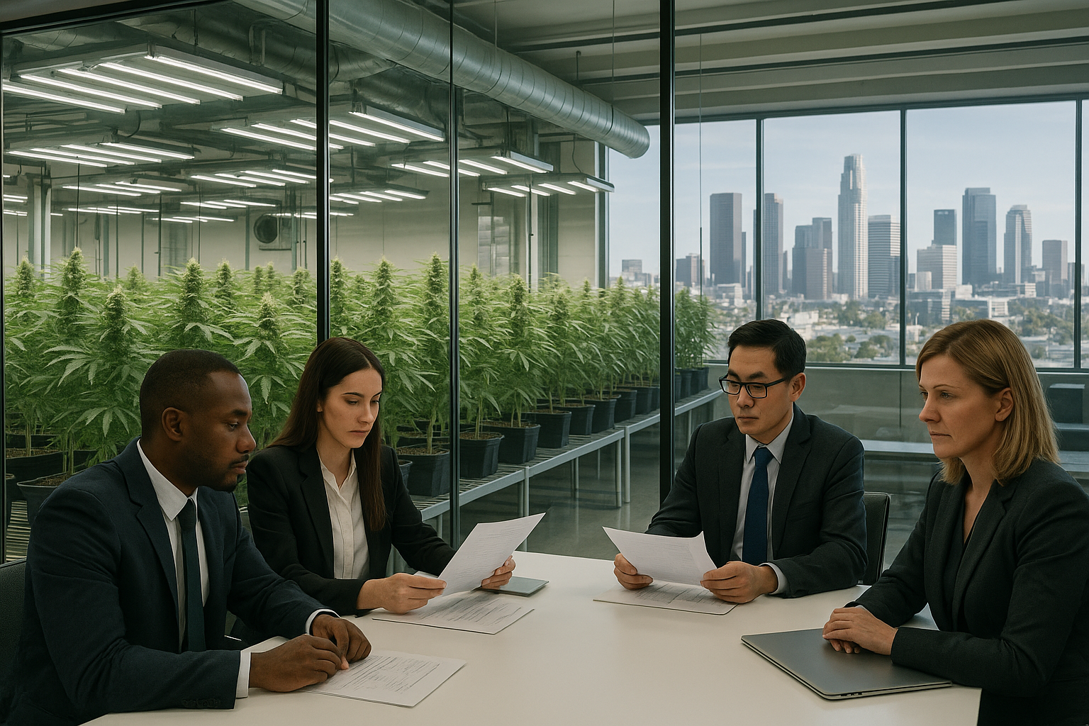 Cannabis business professionals reviewing regulatory and financial documents in Los Angeles.