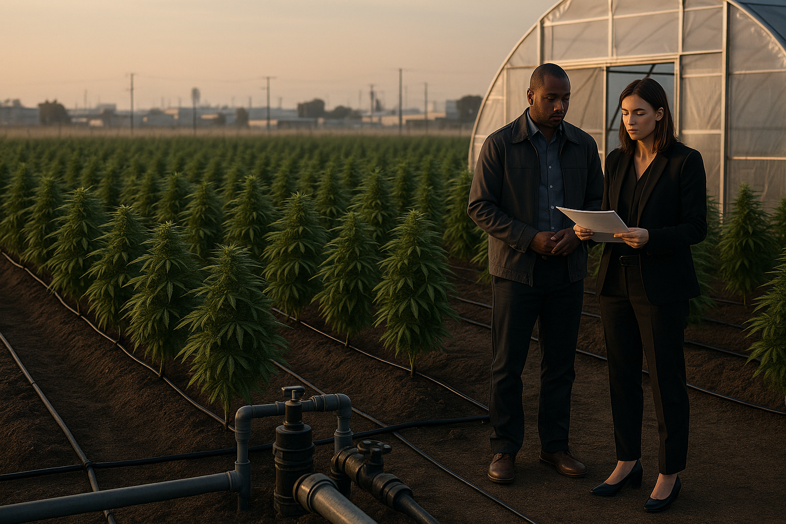 Cannabis cultivation facility with irrigation equipment and compliance inspectors