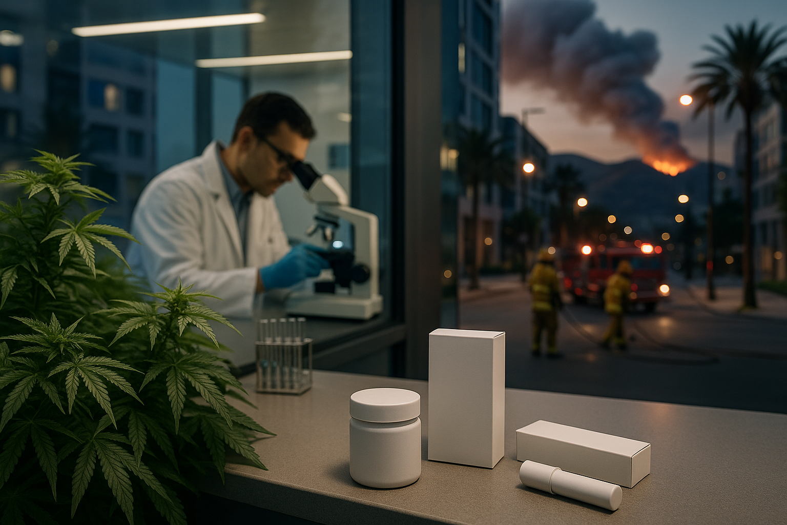 Cannabis plants and medical research imagery with firefighters working near smoky Los Angeles hills.