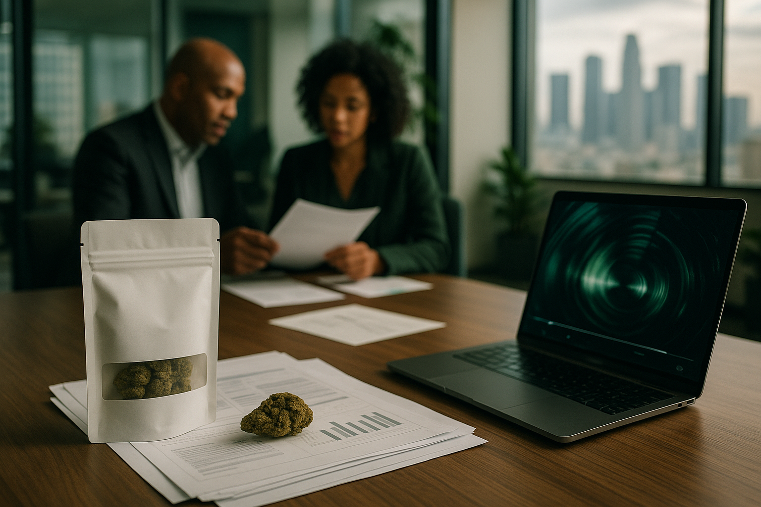 Cannabis products, regulatory documents and a laptop in a modern Los Angeles workspace.