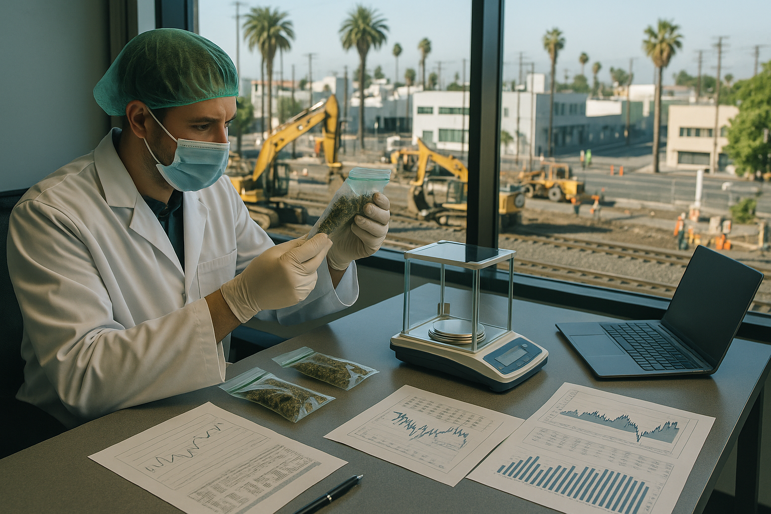 Cannabis laboratory testing beside financial documents with Los Angeles rail construction in the background.