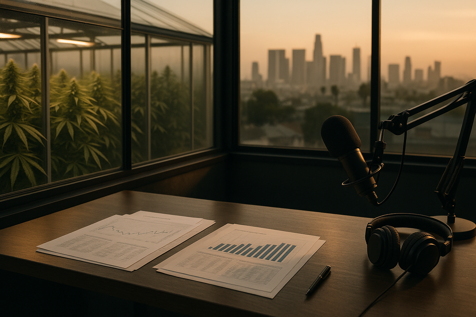 Cannabis business reports and podcast equipment in a modern urban newsroom setting