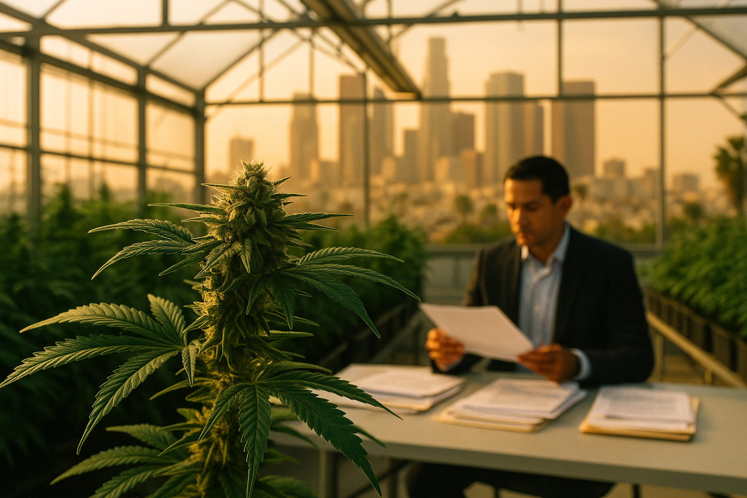 Cannabis greenhouse operations under intense Southern California heat.
