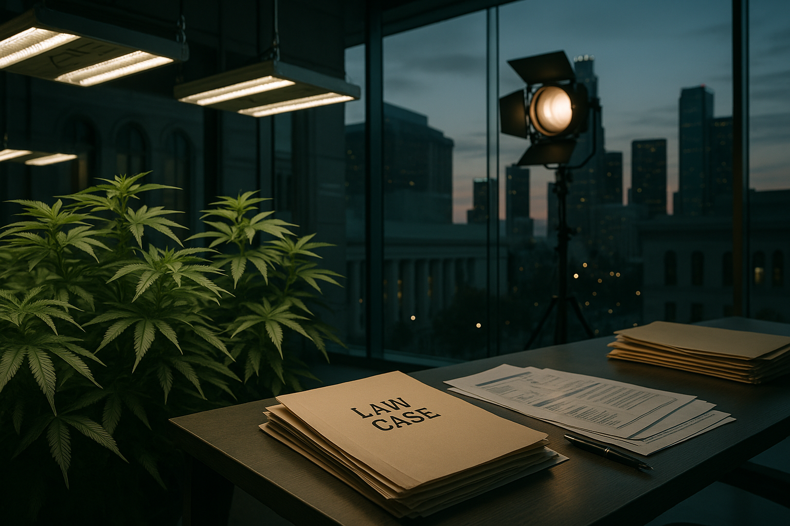 Cannabis plants, legal documents and studio lights against the Los Angeles skyline.