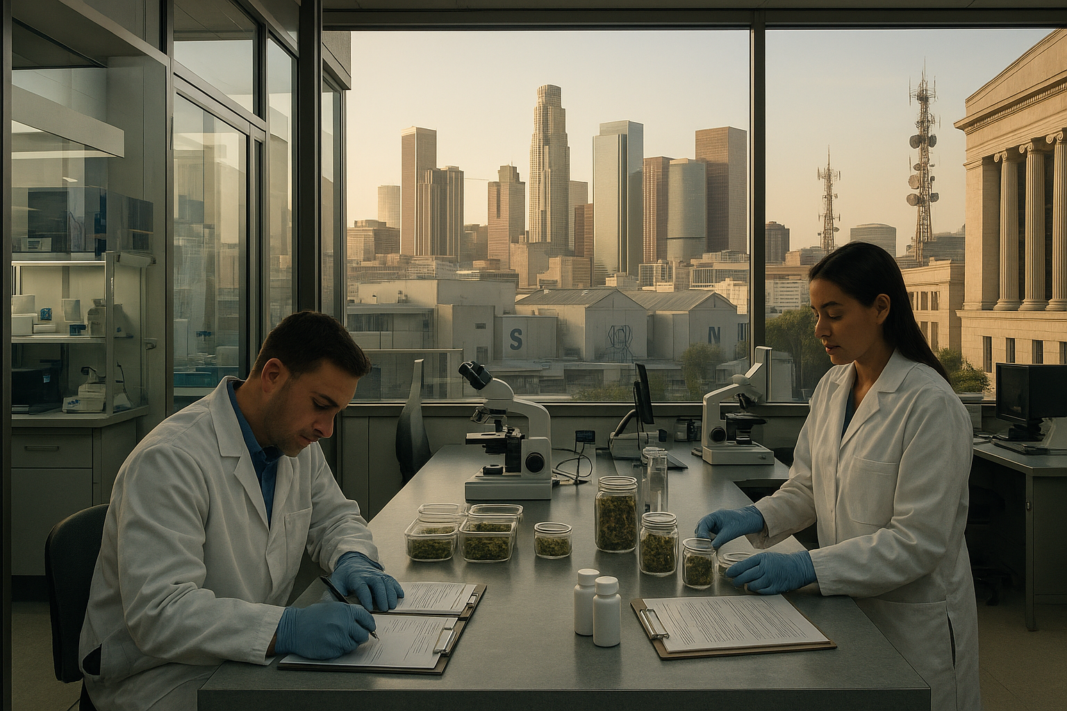 Medical cannabis compliance laboratory overlooking the Los Angeles entertainment district.