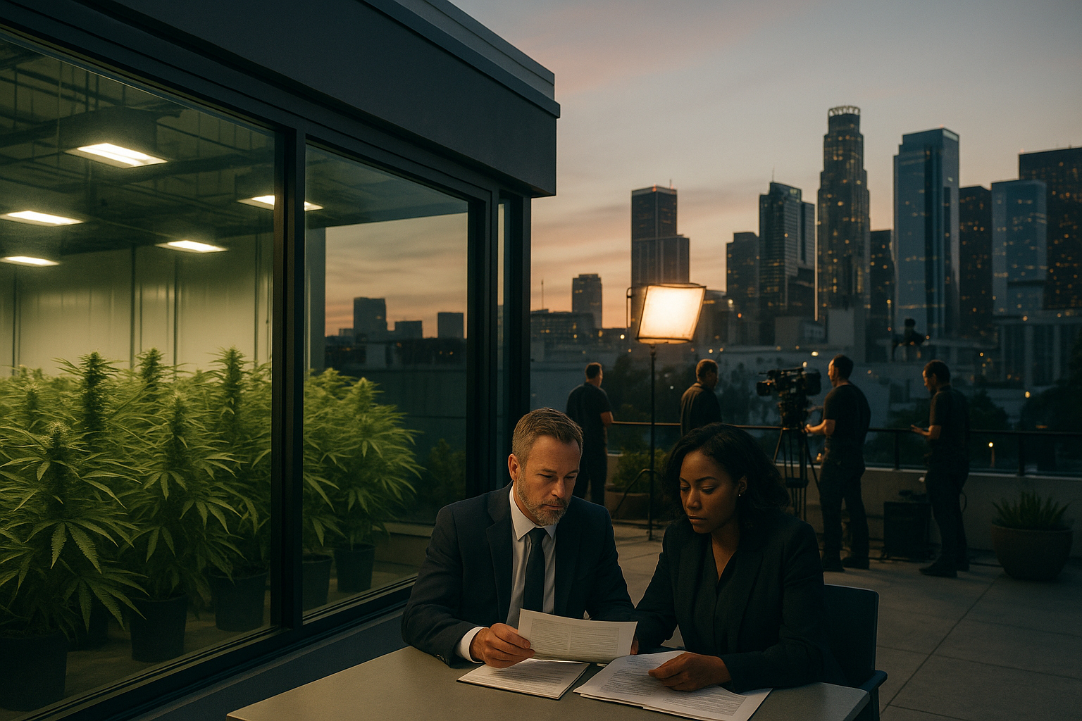 Cannabis business facility and film production activity against the Los Angeles skyline.