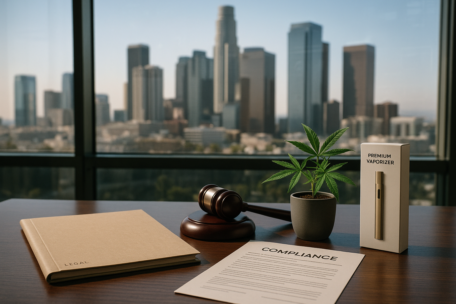 Cannabis compliance documents, a gavel and technology imagery overlooking a California city skyline.