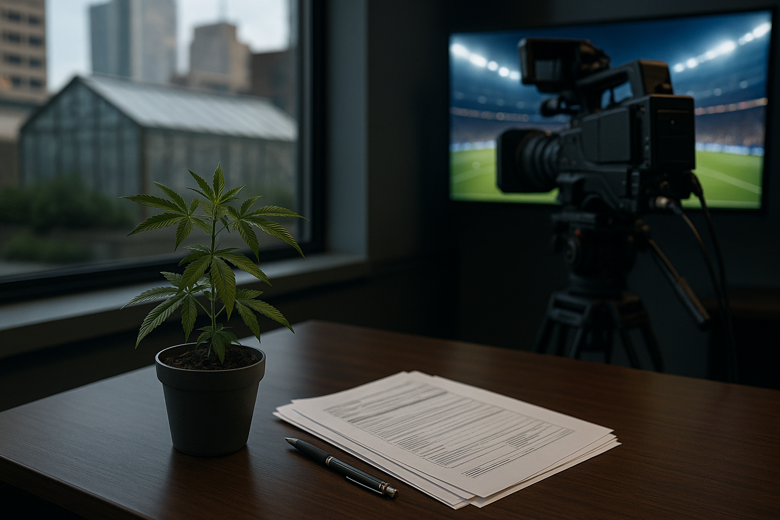 Hemp compliance materials beside a television camera showing a soccer stadium.