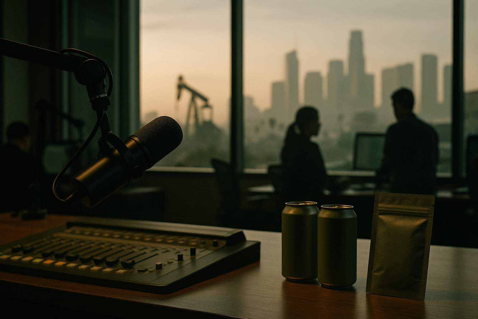 Los Angeles radio studio with hemp products and a distant urban oil derrick.