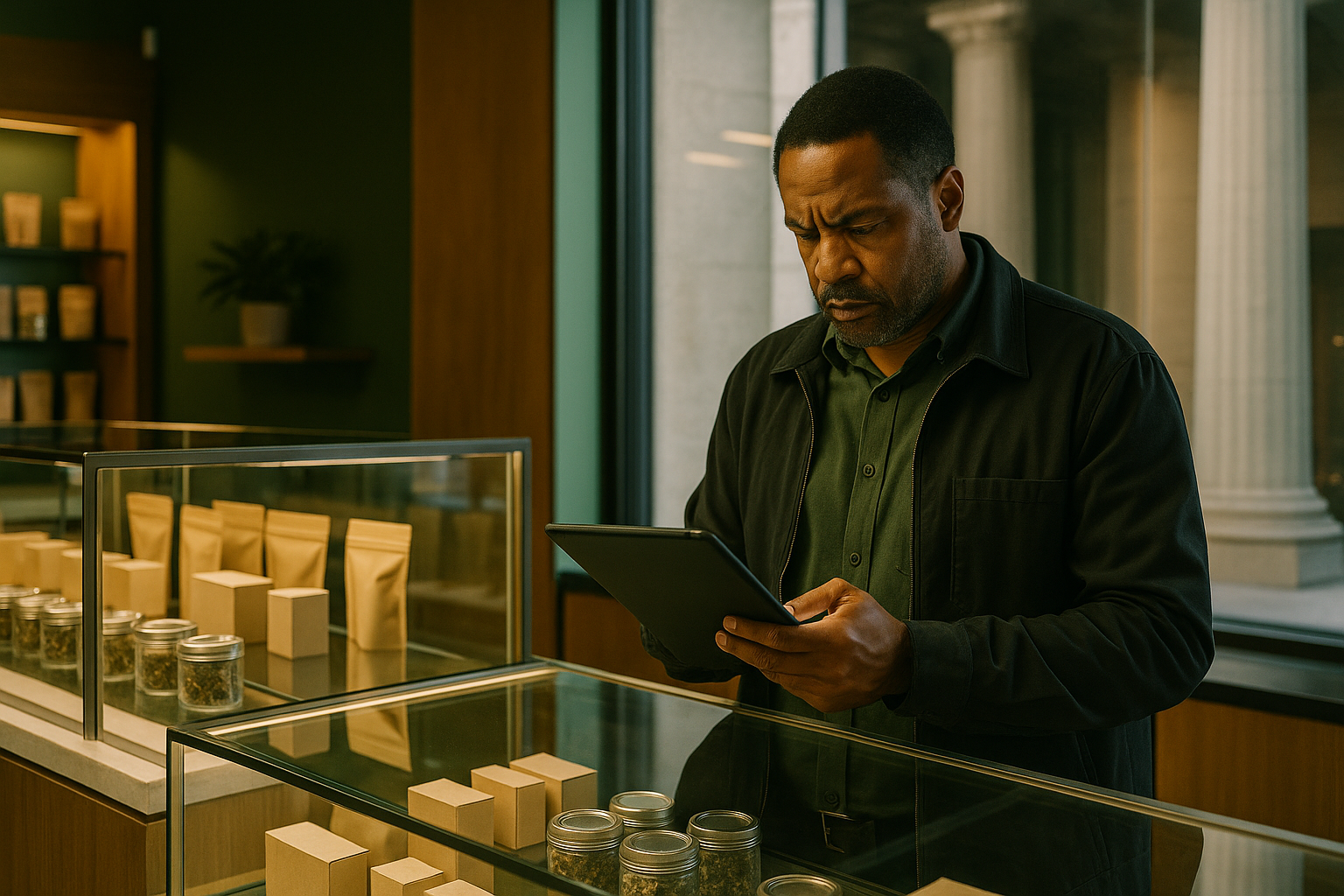 Cannabis retailer reviewing inventory and financial records in a modern dispensary.