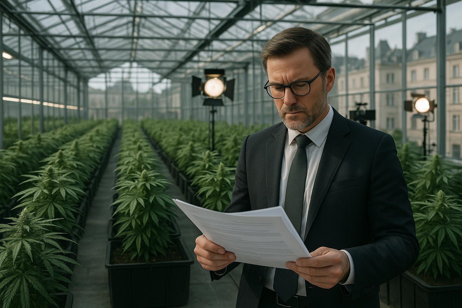 Cannabis greenhouse, regulatory documents and film production equipment representing the day’s business news.
